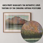 Vintage landscape postcard print of Mount Moran's rugged peak rising over the valley, Grand Teton National Park. Printed as a giclée fine art print on archival matte paper.