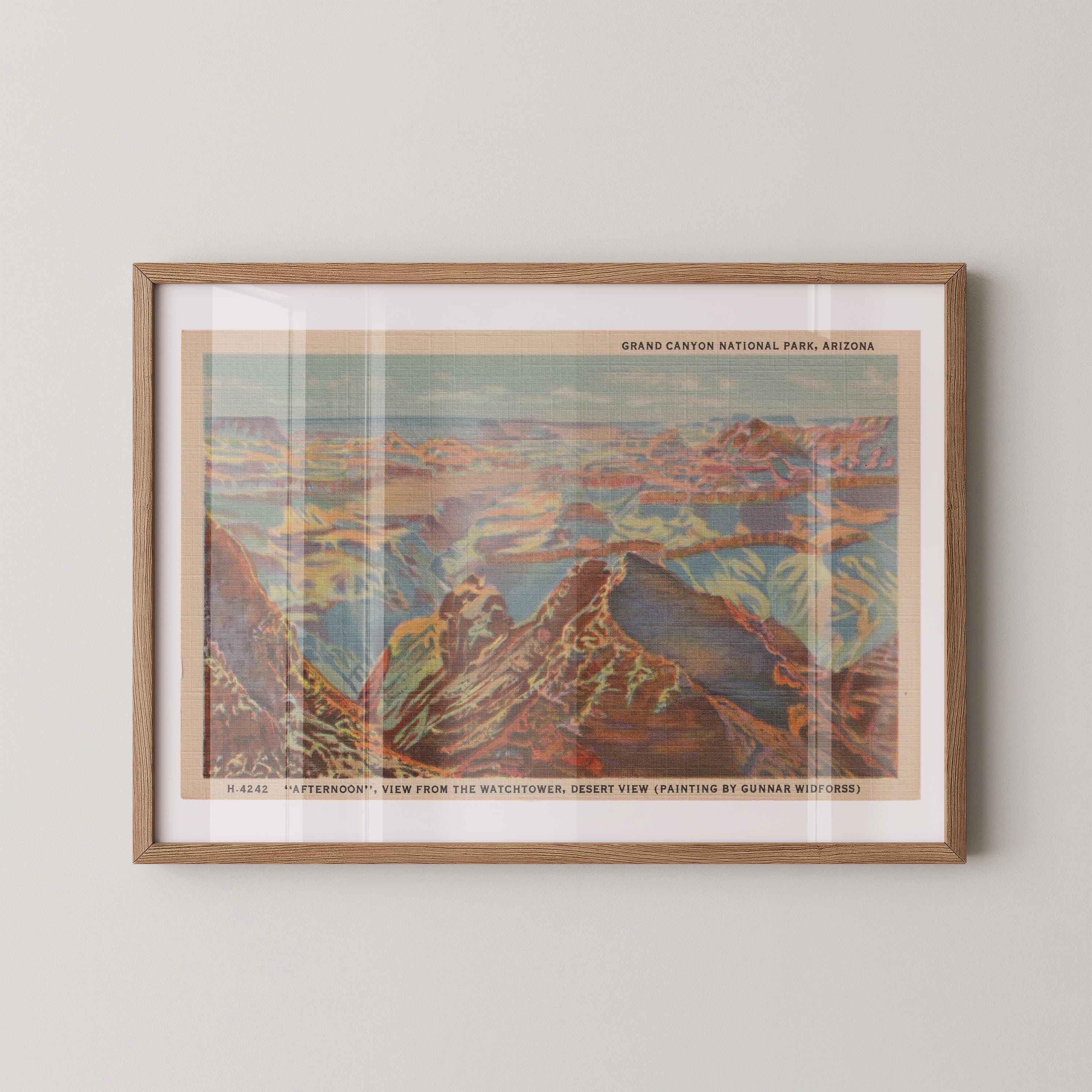 Vintage landscape postcard print of the Grand Canyon's vast, layered rock walls stretching to the horizon. Printed as a giclée fine art print on archival matte paper.