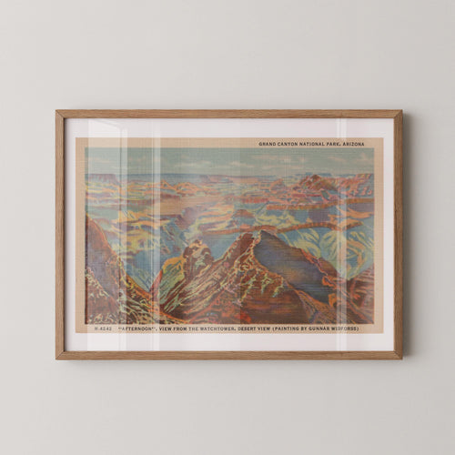 Vintage landscape postcard print of the Grand Canyon's vast, layered rock walls stretching to the horizon. Printed as a giclée fine art print on archival matte paper.