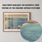 Vintage landscape postcard print of a sunny California beach with rolling waves along the coastline. Printed as a giclée fine art print on archival matte paper.