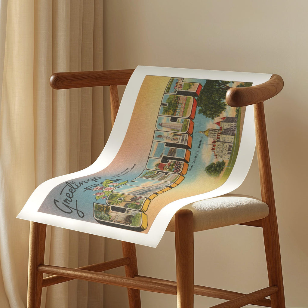 Vintage "Greetings from Connecticut" large letter postcard print, with oversized vintage-style block letters spelling CONNECTICUT filled with nostalgic scenic snapshots, celebrating Connecticut as a U.S. state travel keepsake. Printed as a giclée fine art print on archival matte paper.