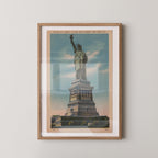 Vintage illustrated postcard print of the Statue of Liberty standing tall in New York Harbor. Printed as a giclée fine art print on archival matte paper.
