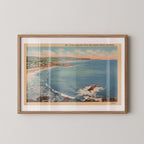 Vintage landscape postcard print of a sunny California beach with rolling waves along the coastline. Printed as a giclée fine art print on archival matte paper.