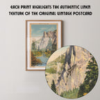 Vintage landscape postcard print of Sentinel Rock's tall granite spire rising above Yosemite Valley, Yosemite National Park. Printed as a giclée fine art print on archival matte paper.