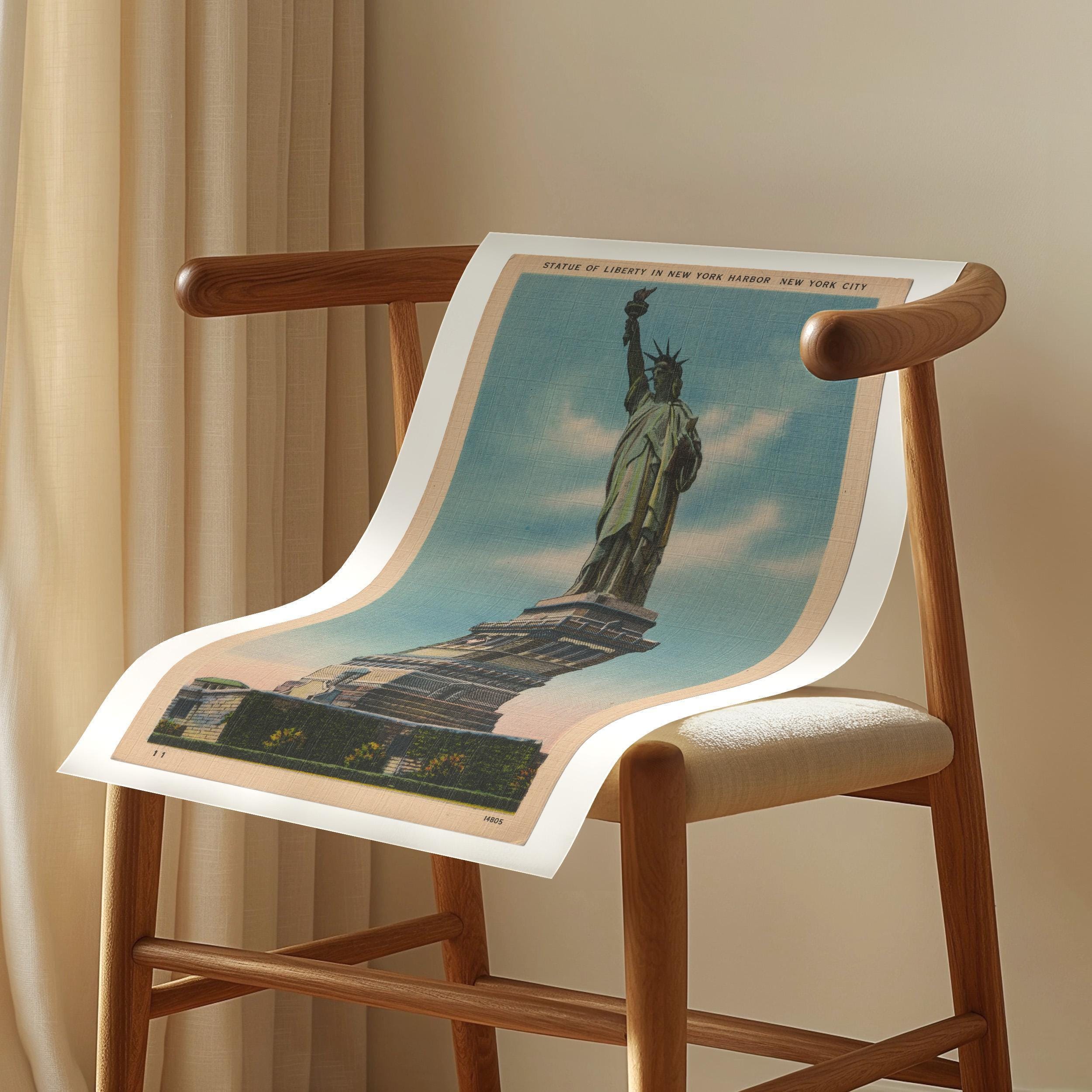 Vintage illustrated postcard print of the Statue of Liberty standing tall in New York Harbor. Printed as a giclée fine art print on archival matte paper.