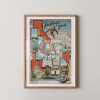 Vintage "Greetings from Idaho" large letter postcard print, with oversized vintage-style block letters spelling IDAHO filled with nostalgic scenic snapshots, celebrating Idaho as a U.S. state travel keepsake. Printed as a giclée fine art print on archival matte paper.