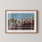 Vintage "Greetings from Michigan" large letter postcard print, with oversized vintage-style block letters spelling MICHIGAN filled with nostalgic scenic snapshots, celebrating Michigan as a U.S. state travel keepsake. Printed as a giclée fine art print on archival matte paper.