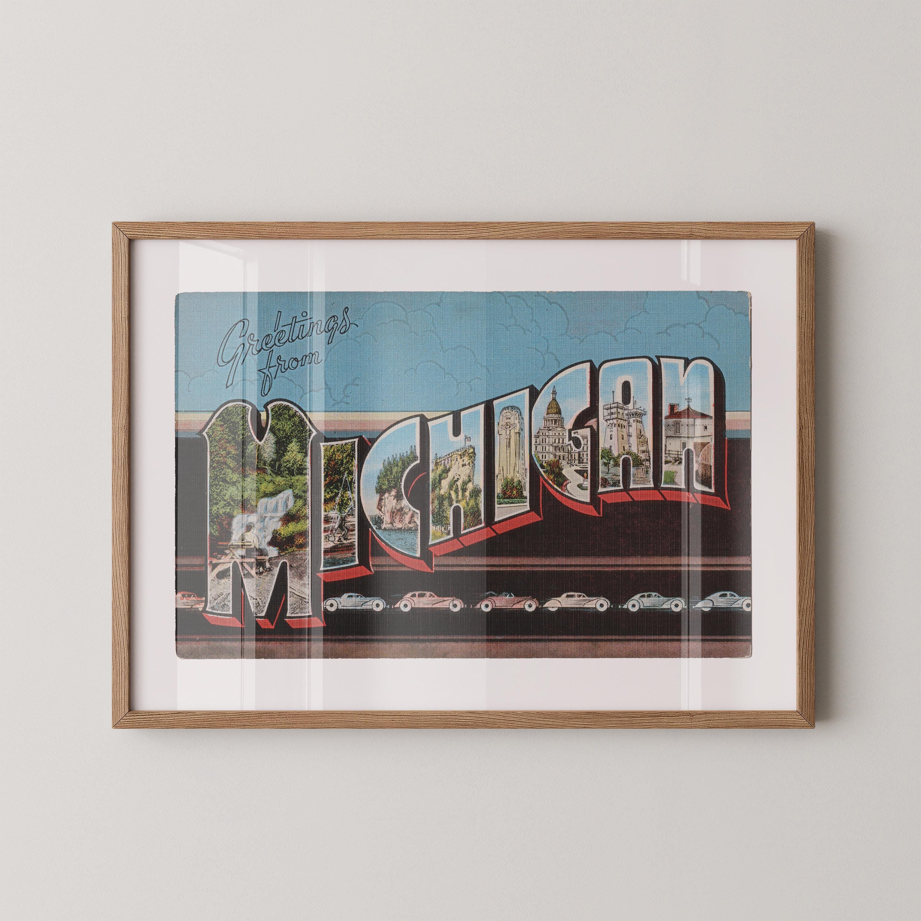 Vintage "Greetings from Michigan" large letter postcard print, with oversized vintage-style block letters spelling MICHIGAN filled with nostalgic scenic snapshots, celebrating Michigan as a U.S. state travel keepsake. Printed as a giclée fine art print on archival matte paper.