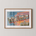 Vintage "Greetings from Wisconsin" large letter postcard print, with oversized vintage-style block letters spelling WISCONSIN filled with nostalgic scenic snapshots, celebrating Wisconsin as a U.S. state travel keepsake. Printed as a giclée fine art print on archival matte paper.