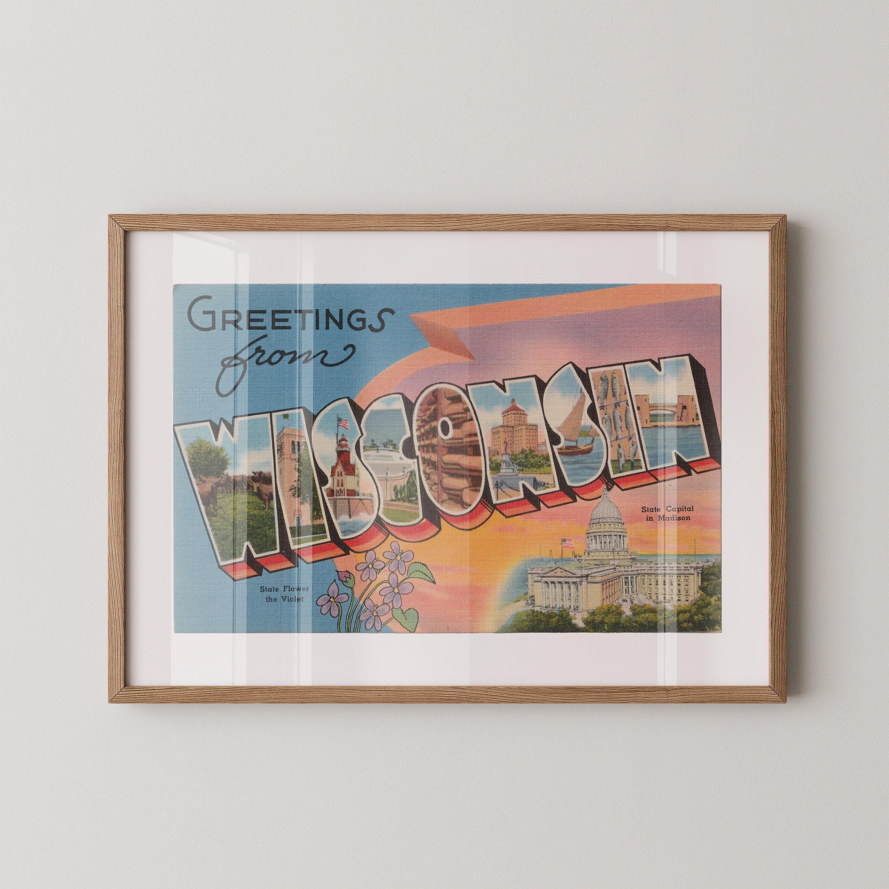 Vintage "Greetings from Wisconsin" large letter postcard print, with oversized vintage-style block letters spelling WISCONSIN filled with nostalgic scenic snapshots, celebrating Wisconsin as a U.S. state travel keepsake. Printed as a giclée fine art print on archival matte paper.