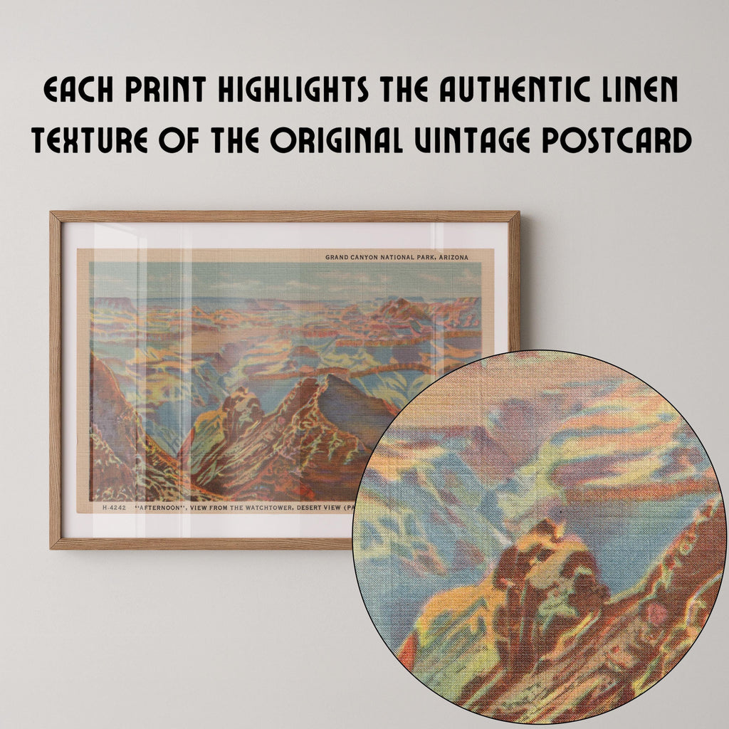 Vintage landscape postcard print of the Grand Canyon's vast, layered rock walls stretching to the horizon. Printed as a giclée fine art print on archival matte paper.