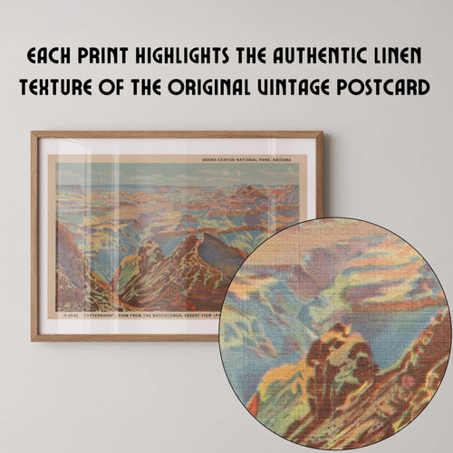 Vintage landscape postcard print of the Grand Canyon's vast, layered rock walls stretching to the horizon. Printed as a giclée fine art print on archival matte paper.