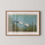 Vintage wildlife illustration postcard print of swans gliding across a calm lake. Printed as a giclée fine art print on archival matte paper.