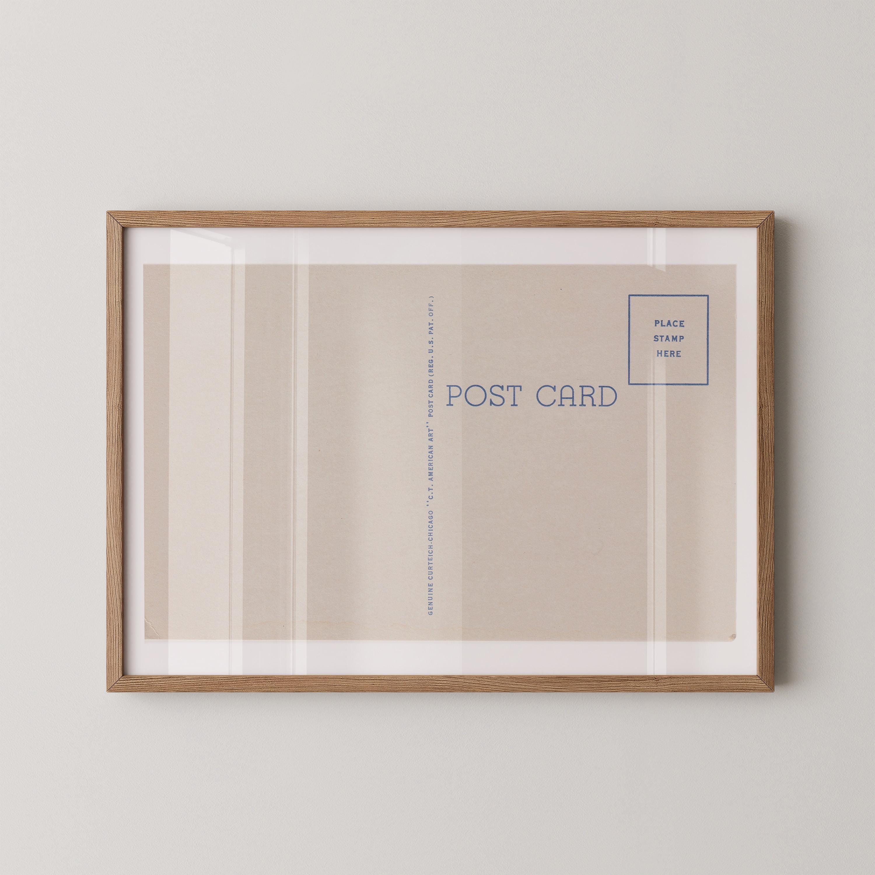 Vintage postcard-style print featuring a blank correspondence postcard design, with divided lines and vintage typography and no destination text. Printed as a giclée fine art print on archival matte paper.