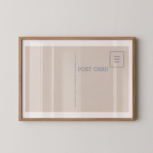 Vintage postcard-style print featuring a blank correspondence postcard design, with divided lines and vintage typography and no destination text. Printed as a giclée fine art print on archival matte paper.