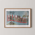 Vintage "Greetings from Illinois" large letter postcard print, with oversized vintage-style block letters spelling ILLINOIS filled with nostalgic scenic snapshots, celebrating Illinois as a U.S. state travel keepsake. Printed as a giclée fine art print on archival matte paper.