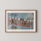 Vintage "Greetings from Illinois" large letter postcard print, with oversized vintage-style block letters spelling ILLINOIS filled with nostalgic scenic snapshots, celebrating Illinois as a U.S. state travel keepsake. Printed as a giclée fine art print on archival matte paper.