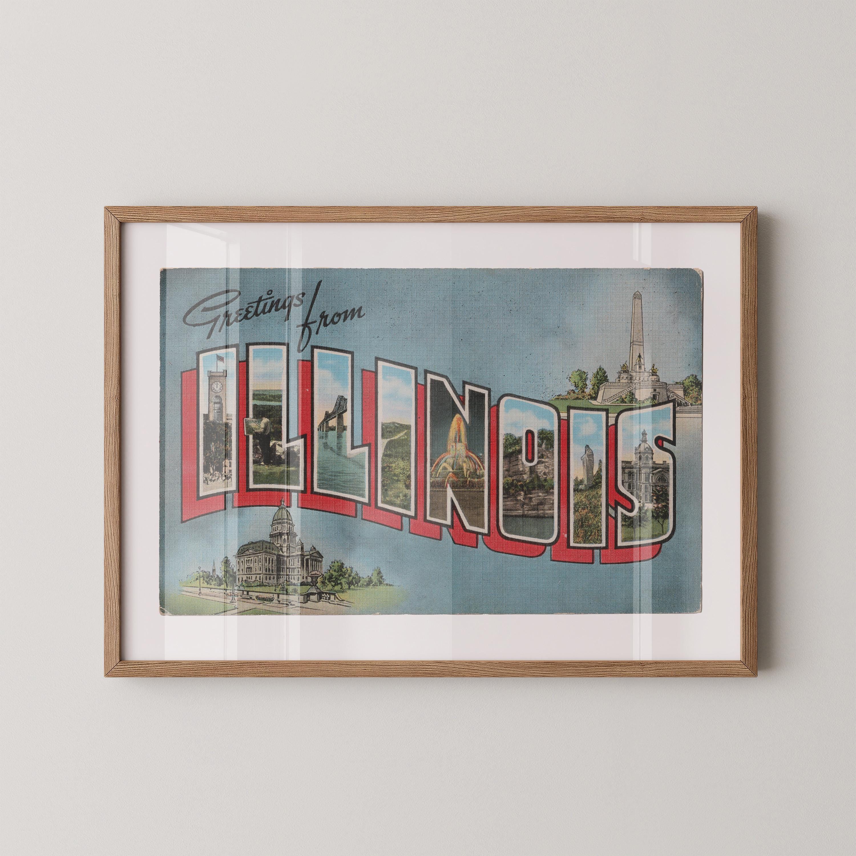 Vintage "Greetings from Illinois" large letter postcard print, with oversized vintage-style block letters spelling ILLINOIS filled with nostalgic scenic snapshots, celebrating Illinois as a U.S. state travel keepsake. Printed as a giclée fine art print on archival matte paper.
