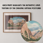 Vintage landscape postcard print of the famous Tunnel View overlook, known as the "Portal of Grandeur," showing Yosemite Valley flanked by El Capitan and Bridalveil Fall. Printed as a giclée fine art print on archival matte paper.