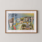 Vintage "Greetings from Vermont" large letter postcard print, with oversized vintage-style block letters spelling VERMONT filled with nostalgic scenic snapshots, celebrating Vermont as a U.S. state travel keepsake. Printed as a giclée fine art print on archival matte paper.