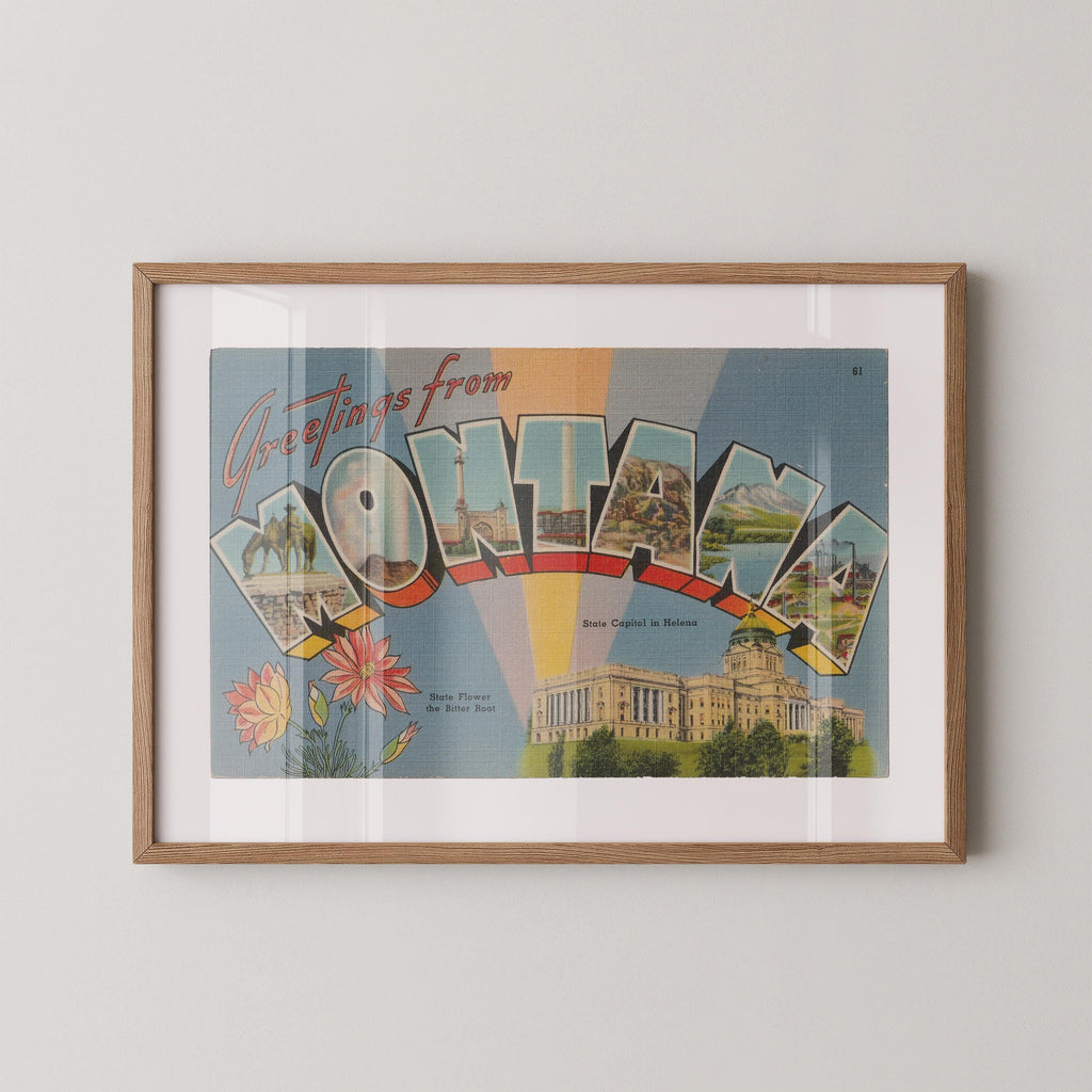Vintage "Greetings from Montana" large letter postcard print, with oversized vintage-style block letters spelling MONTANA filled with nostalgic scenic snapshots, celebrating Montana as a U.S. state travel keepsake. Printed as a giclée fine art print on archival matte paper.