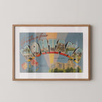 Vintage "Greetings from Montana" large letter postcard print, with oversized vintage-style block letters spelling MONTANA filled with nostalgic scenic snapshots, celebrating Montana as a U.S. state travel keepsake. Printed as a giclée fine art print on archival matte paper.