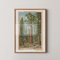 Vintage landscape postcard print of the massive General Sherman giant sequoia tree towering over the forest floor. Printed as a giclée fine art print on archival matte paper.