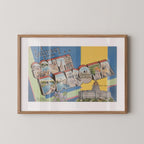 Vintage "Greetings from South Dakota" large letter postcard print, with oversized vintage-style block letters spelling SOUTH DAKOTA filled with nostalgic scenic snapshots, celebrating South Dakota as a U.S. state travel keepsake. Printed as a giclée fine art print on archival matte paper.