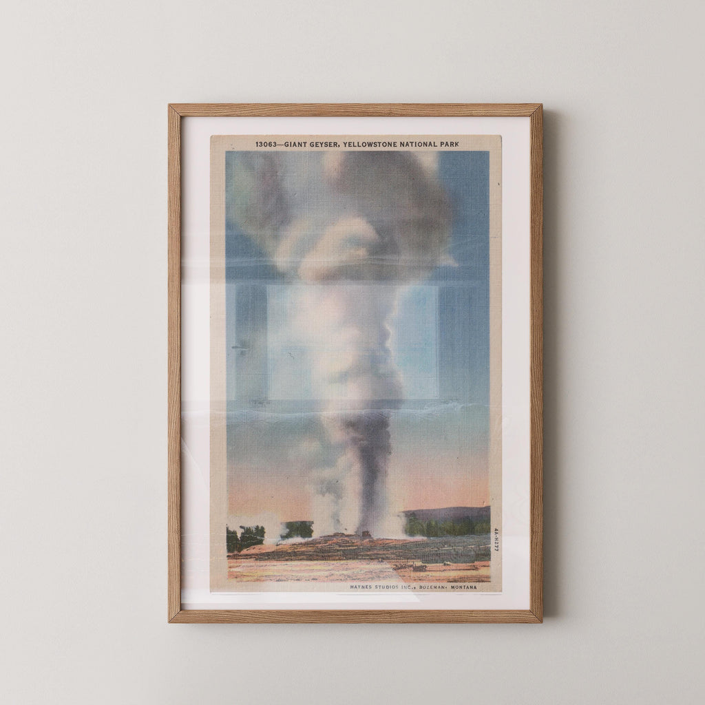 Vintage landscape postcard print of Old Faithful Geyser erupting in a tall plume of steam and water, Yellowstone National Park. Printed as a giclée fine art print on archival matte paper.