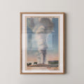 Vintage landscape postcard print of Old Faithful Geyser erupting in a tall plume of steam and water, Yellowstone National Park. Printed as a giclée fine art print on archival matte paper.