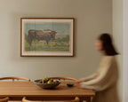 Vintage wildlife postcard print of a longhorn cow standing in an open Western pasture. Printed as a giclée fine art print on archival matte paper.