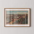 Vintage landscape postcard print of the Grand Canyon's layered rock formations glowing in soft early-morning light. Printed as a giclée fine art print on archival matte paper.