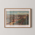 Vintage landscape postcard print of the Grand Canyon's layered rock formations glowing in soft early-morning light. Printed as a giclée fine art print on archival matte paper.