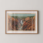 Vintage landscape postcard print of the Grand Canyon of the Yellowstone, showing its golden-hued cliffs above the rushing river, Yellowstone National Park. Printed as a giclée fine art print on archival matte paper.