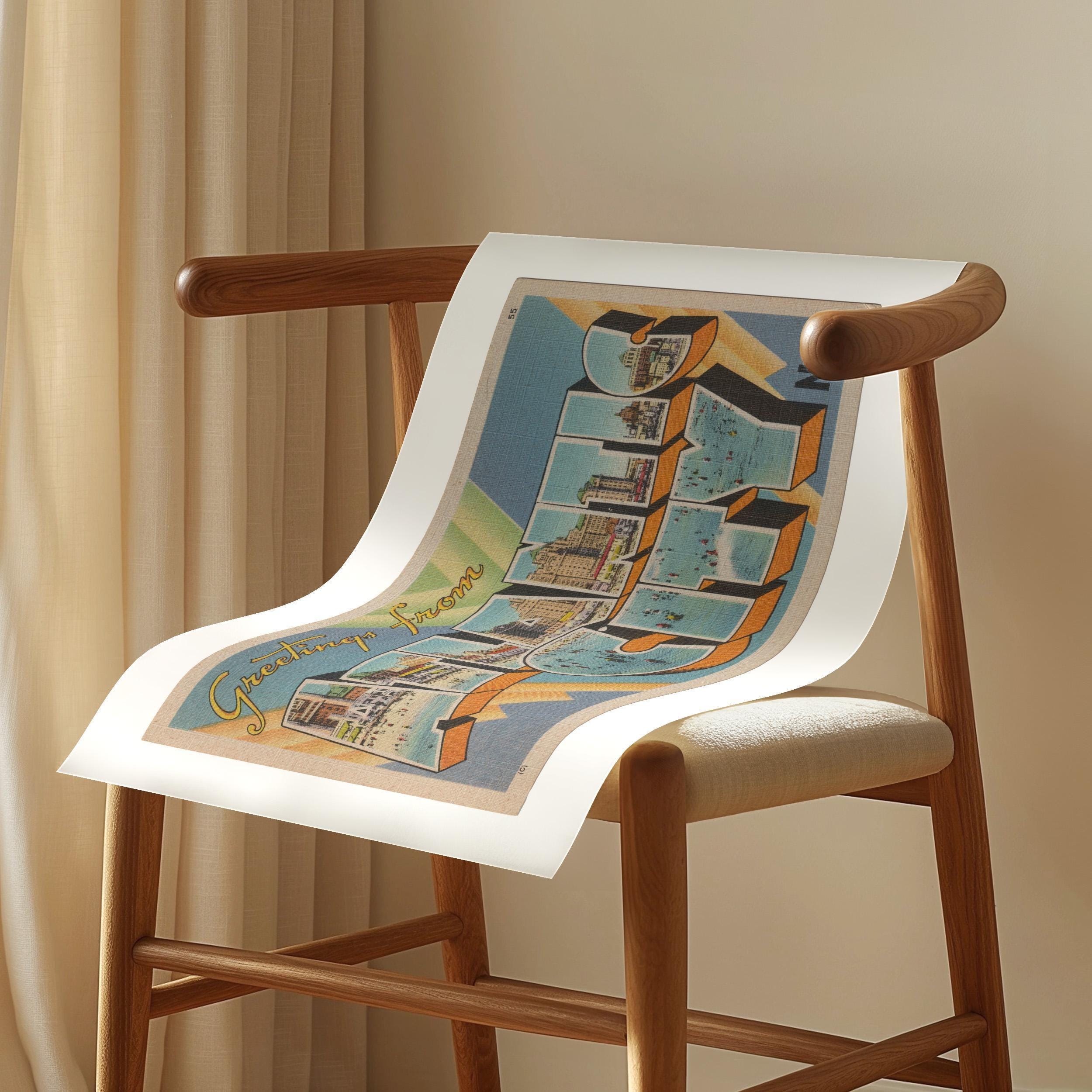 Vintage "Greetings from Atlantic City" large letter postcard print, with oversized vintage-style block letters spelling ATLANTIC CITY filled with nostalgic scenic snapshots, celebrating Atlantic City as a classic American city travel keepsake. Printed as a giclée fine art print on archival matte paper.