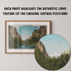 Vintage landscape postcard print of Yosemite Valley, showing its granite cliffs and forested valley floor, Yosemite National Park. Printed as a giclée fine art print on archival matte paper.