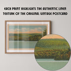 Vintage landscape postcard print of a calm lake framed by trees and distant hills. Printed as a giclée fine art print on archival matte paper.