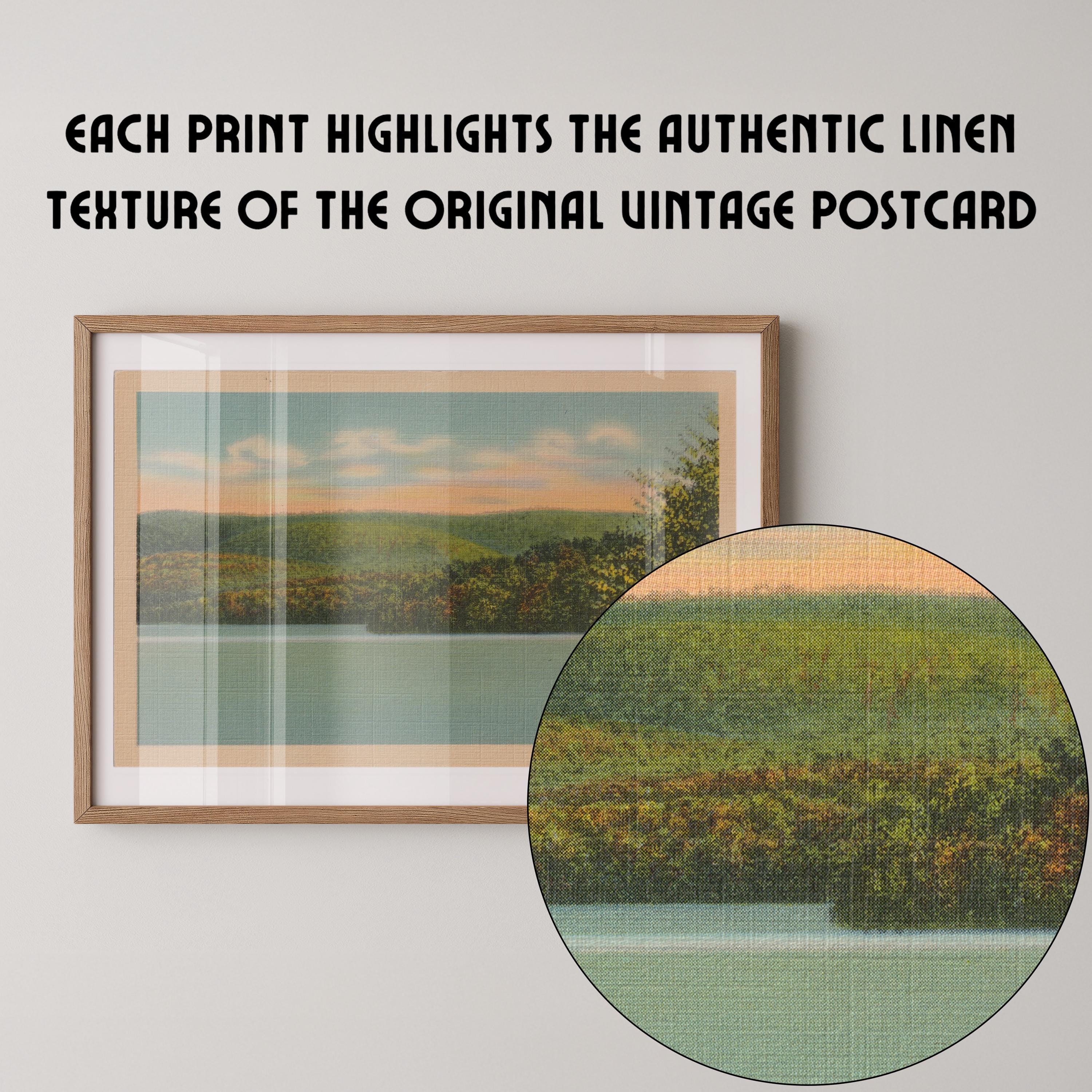 Vintage landscape postcard print of a calm lake framed by trees and distant hills. Printed as a giclée fine art print on archival matte paper.