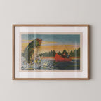 Kitschy vintage postcard print of an oversized, exaggerated fish, in the playful tall-tale style of classic mid-century fishing postcards. Printed as a giclée fine art print on archival matte paper.
