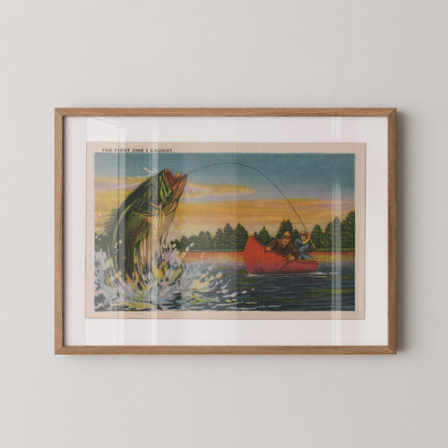 Kitschy vintage postcard print of an oversized, exaggerated fish, in the playful tall-tale style of classic mid-century fishing postcards. Printed as a giclée fine art print on archival matte paper.