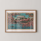 Vintage landscape postcard print of the Lincoln Memorial's columned facade framed by blooming pink cherry blossom trees, Washington, D.C. Printed as a giclée fine art print on archival matte paper.