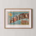 Vintage "Greetings from New York" large letter postcard print, with oversized vintage-style block letters spelling NEW YORK filled with nostalgic scenic snapshots, celebrating New York as a U.S. state travel keepsake. Printed as a giclée fine art print on archival matte paper.