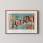 Vintage "Greetings from New York" large letter postcard print, with oversized vintage-style block letters spelling NEW YORK filled with nostalgic scenic snapshots, celebrating New York as a U.S. state travel keepsake. Printed as a giclée fine art print on archival matte paper.