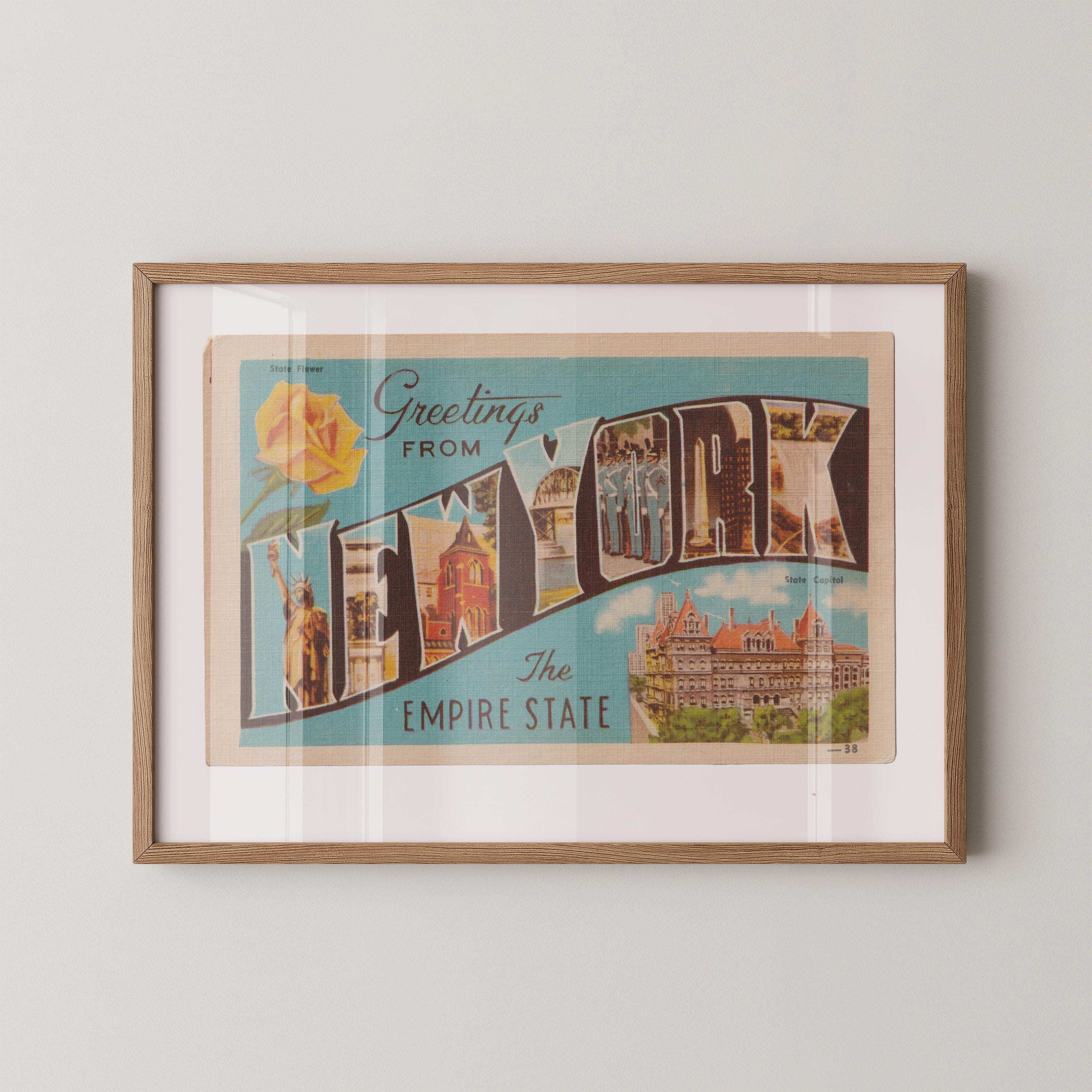 Vintage "Greetings from New York" large letter postcard print, with oversized vintage-style block letters spelling NEW YORK filled with nostalgic scenic snapshots, celebrating New York as a U.S. state travel keepsake. Printed as a giclée fine art print on archival matte paper.