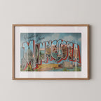 Vintage "Greetings from Minnesota" large letter postcard print, with oversized vintage-style block letters spelling MINNESOTA filled with nostalgic scenic snapshots, celebrating Minnesota as a U.S. state travel keepsake. Printed as a giclée fine art print on archival matte paper.