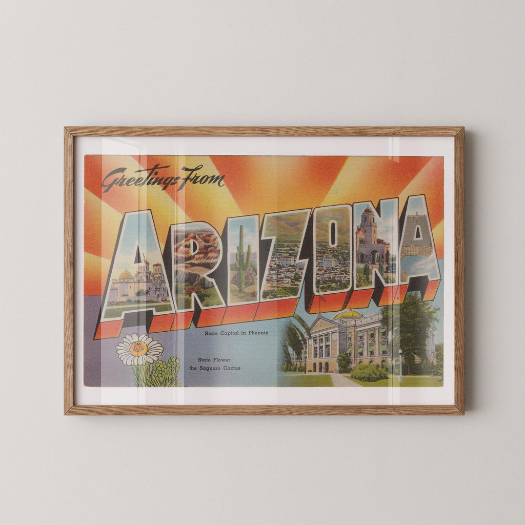Vintage "Greetings from Arizona" large letter postcard print, with oversized vintage-style block letters spelling ARIZONA filled with nostalgic scenic snapshots, celebrating Arizona as a U.S. state travel keepsake. Printed as a giclée fine art print on archival matte paper.
