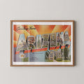 Vintage "Greetings from Arizona" large letter postcard print, with oversized vintage-style block letters spelling ARIZONA filled with nostalgic scenic snapshots, celebrating Arizona as a U.S. state travel keepsake. Printed as a giclée fine art print on archival matte paper.