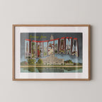 Vintage "Greetings from Louisiana" large letter postcard print, with oversized vintage-style block letters spelling LOUISIANA filled with nostalgic scenic snapshots, celebrating Louisiana as a U.S. state travel keepsake. Printed as a giclée fine art print on archival matte paper.
