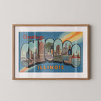 Vintage "Greetings from Chicago" large letter postcard print, with oversized vintage-style block letters spelling CHICAGO filled with nostalgic scenic snapshots, celebrating Chicago as a classic American city travel keepsake. Printed as a giclée fine art print on archival matte paper.