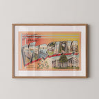 Vintage "Greetings from Virginia" large letter postcard print, with oversized vintage-style block letters spelling VIRGINIA filled with nostalgic scenic snapshots, celebrating Virginia as a U.S. state travel keepsake. Printed as a giclée fine art print on archival matte paper.